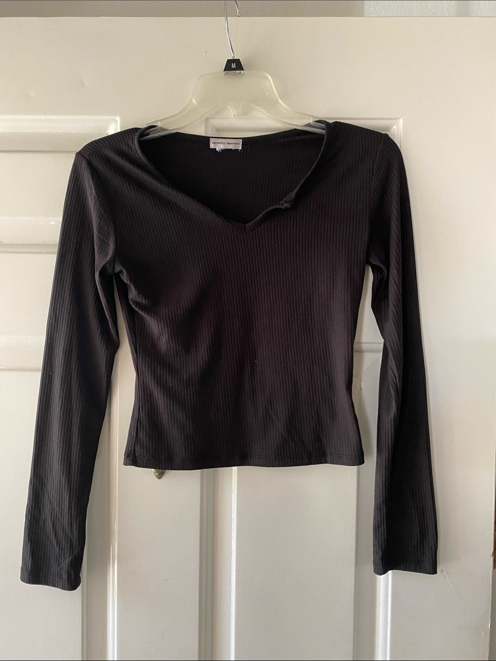 Black Ribbed Long-Sleeve V-Neck Women's Top